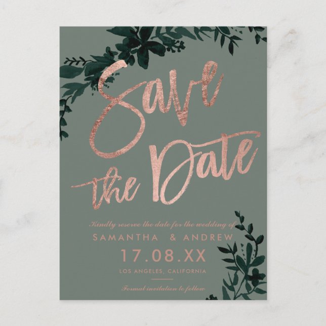 Rose gold script Floral sage green save the date Announcement Postcard (Front)
