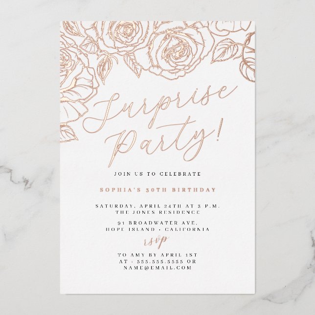 Rose Gold Script Floral Surprise Party (Front)
