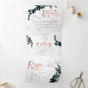 Rose gold script Floral white marble wedding Tri-Fold Invitation