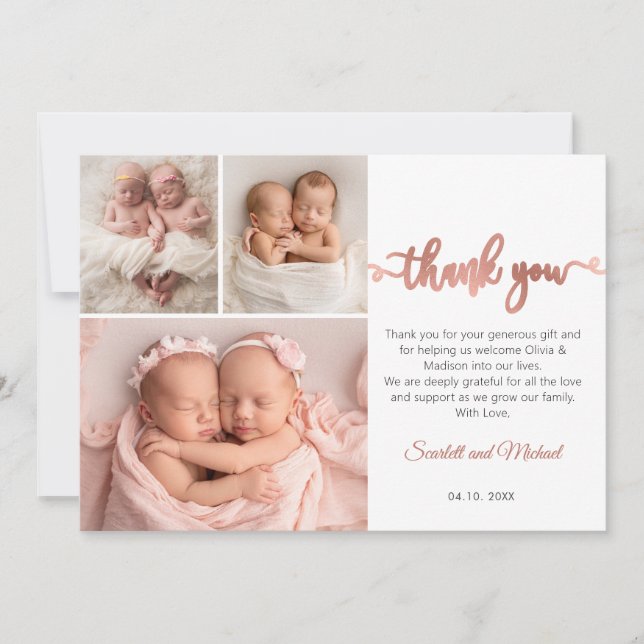 Rose Gold Script Girl Twins Babies 3 Photo Collage Thank You Card (Front)