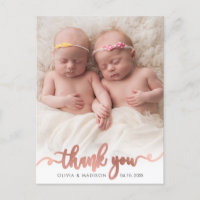 Rose Gold Script Girl Twins Baby Photo Thank You
