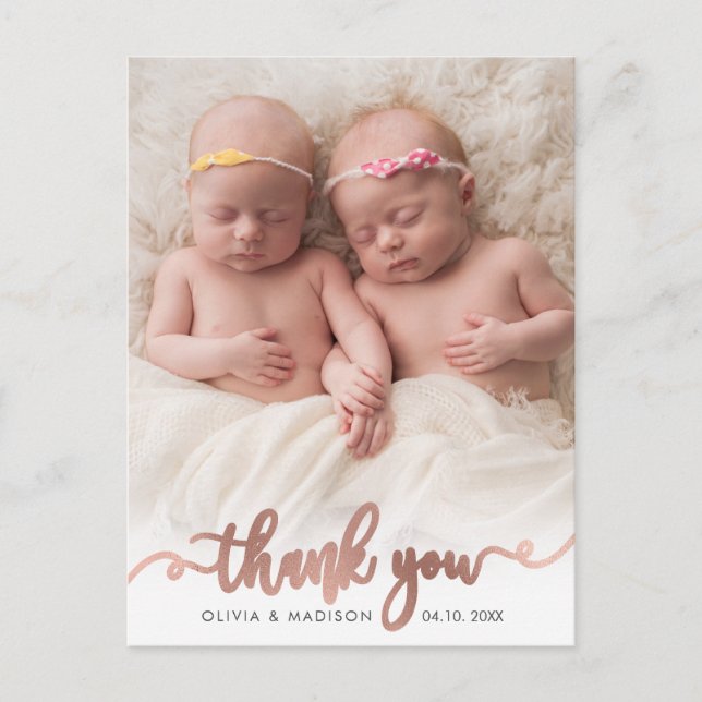 Rose Gold Script Girl Twins Baby Photo Thank You Postcard (Front)
