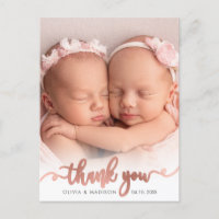 Rose Gold Script Girl Twins Baby Photo Thank You