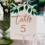 Rose gold script green leaf white table number<br><div class="desc">Rose gold script green leaf white wedding table number with elegant faux rose gold typography with watercolor green leaf foliage on white concrete,  perfect for industrial chic style wedding</div>