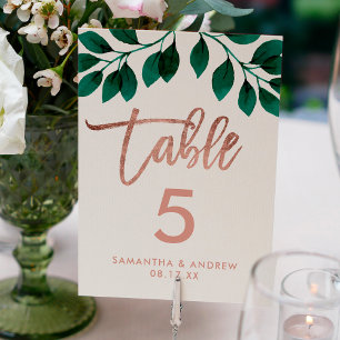 Rose gold script green leaf white table number