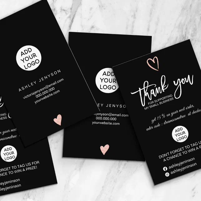 Rose gold script heart black logo order thank you business card | Zazzle