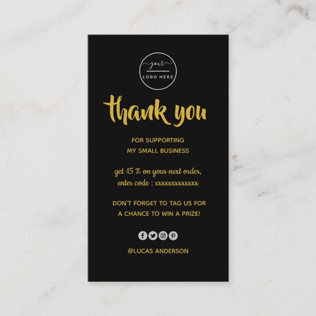 Rose gold script heart black logo order thank you  business card (Front)