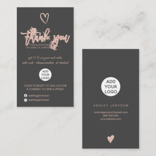 Rose gold script heart grey logo order thank you business card