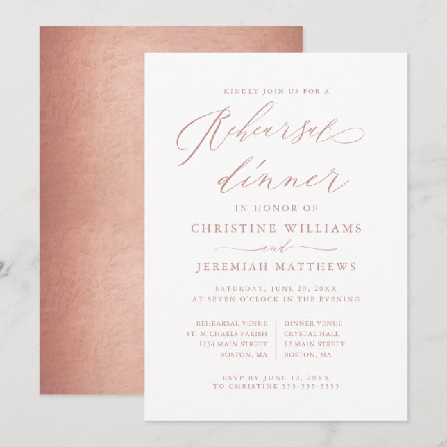 Rose Gold Script Metallic Wedding Rehearsal Dinner Invitation (Front/Back)