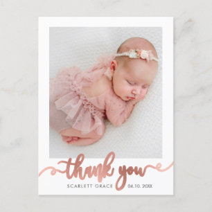 Rose Gold Script Minimalist Baby Photo Thank You Postcard