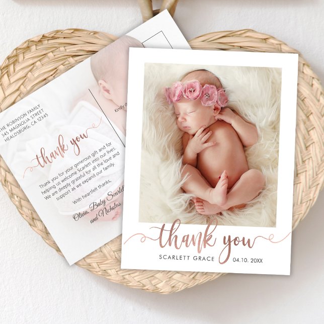 Rose Gold Script Modern Baby Photo Thank You Postcard (Creator Uploaded)