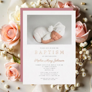 Rose Gold Script Modern Pink Photo Girl Baptism