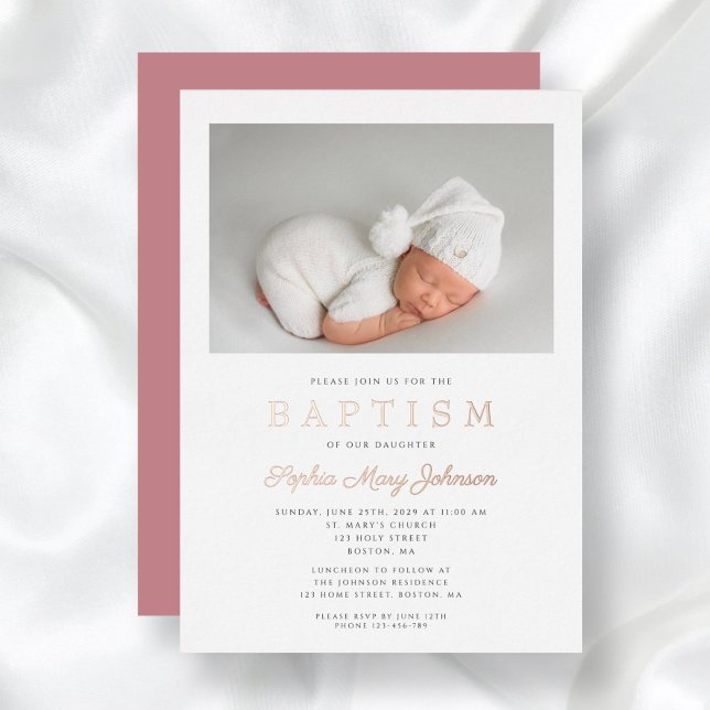 Rose Gold Script Modern Pink Photo Girl Baptism (Rose Gold Script Modern Pink Photo Girl Baptism Foil Invitation)