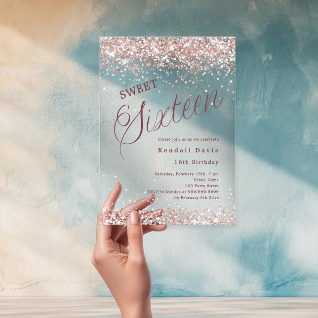 Rose gold script modern Sweet 16 clear Acrylic Invitations (Creator Uploaded)