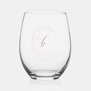 Rose Gold Script Monogram Letter B Stemless Wine Glass