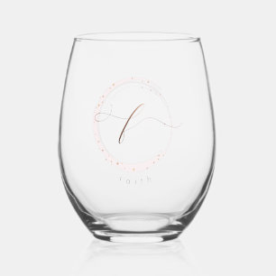 Rose Gold Script Monogram Letter F Stemless Wine Glass