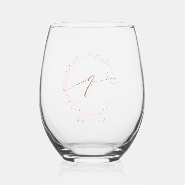 Rose Gold Script Monogram Letter Q Stemless Wine Glass (Front)