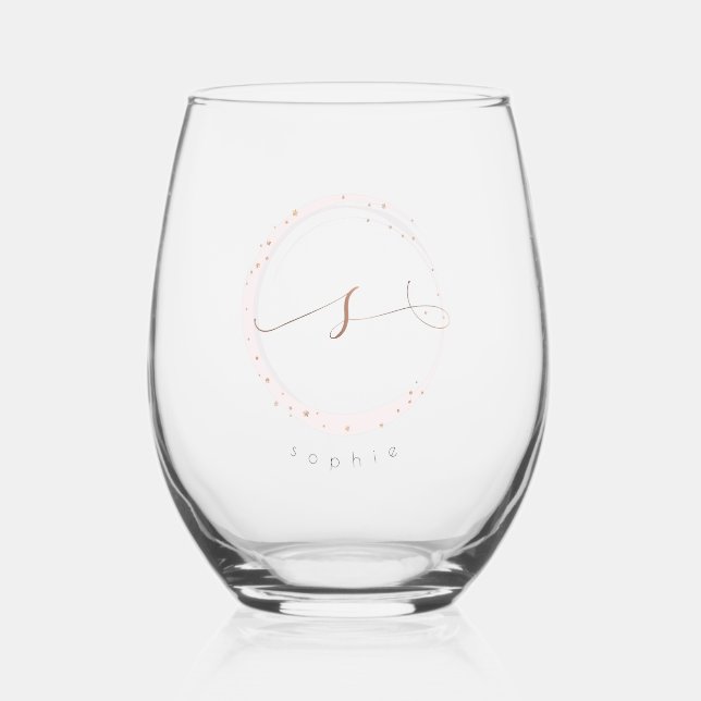 Rose Gold Script Monogram Letter S Stemless Wine Glass (Front)