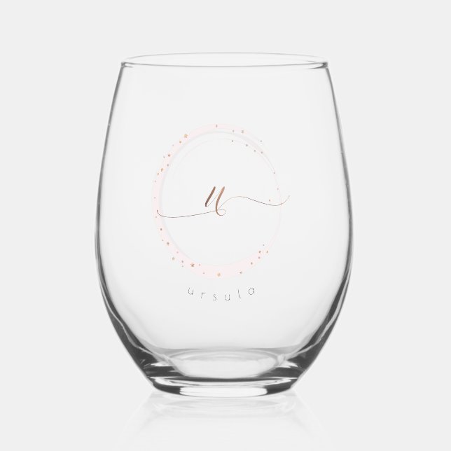 Rose Gold Script Monogram Letter U Stemless Wine Glass (Front)
