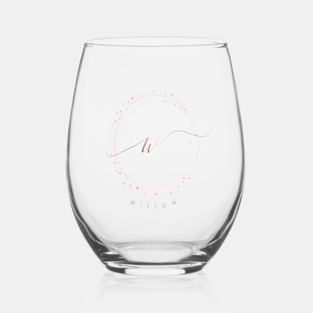 Rose Gold Script Monogram Letter W Stemless Wine Glass (Front)