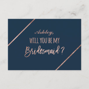 Rose gold script navy blue be my bridesmaid invitation