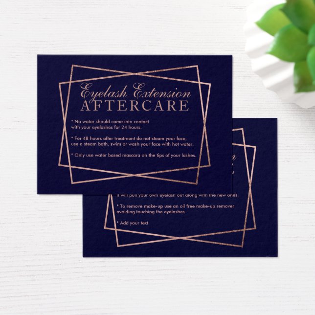 Rose gold script navy blue eyelash aftercare (Desk)