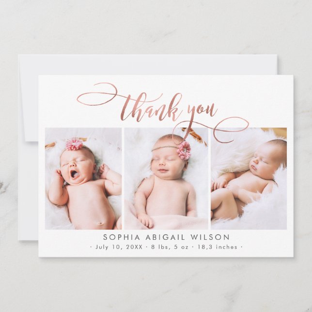 Rose Gold Script Newborn 3 Baby Photo Thank You (Front)