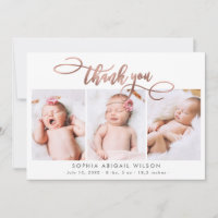 Rose Gold Script Newborn 3 Baby Photo Thank You