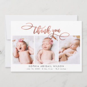 Rose Gold Script Newborn 3 Baby Photo Thank You Card
