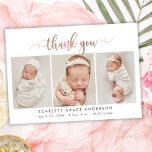 Rose Gold Script Newborn 3 Photo Collage Thank You<br><div class="desc">Modern Elegant Chic Rose Gold Script 3 Photo Collage Newborn Baby Thank You Birth Announcement Card. Features a pretty "thank you" text in a handwritten calligraphy swirly swash tail font in blush pink rose gold FAUX foil script on white background. Pre-made personal message and birth statistics with baby's name are...</div>