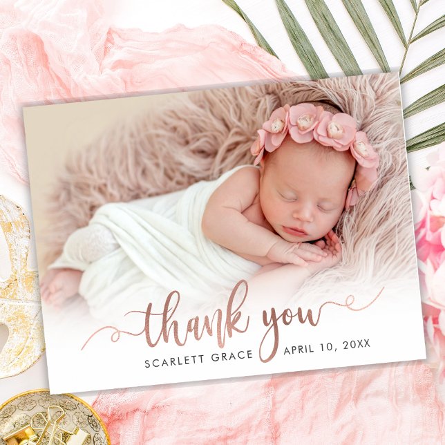 Rose Gold Script Newborn Baby Photo Thank You Card (Creator Uploaded)