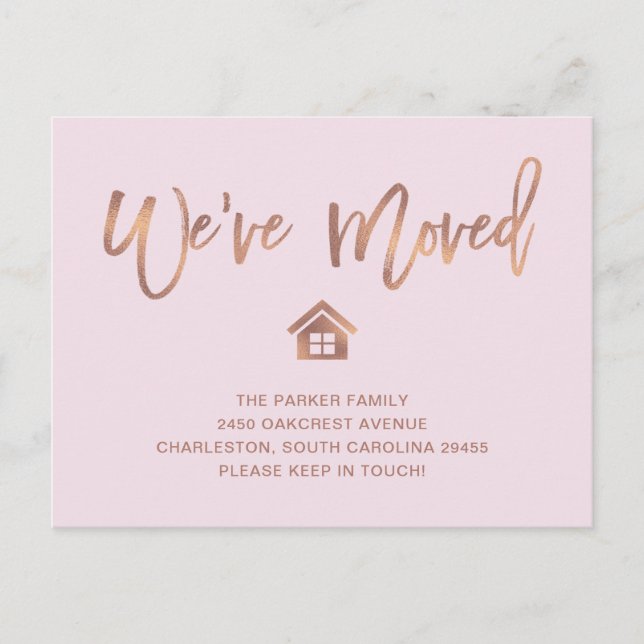 Rose Gold Script on Blush | Moving Announcement Postcard (Front)