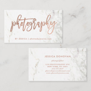 Rose Gold Script on White Marble Photography Business Card