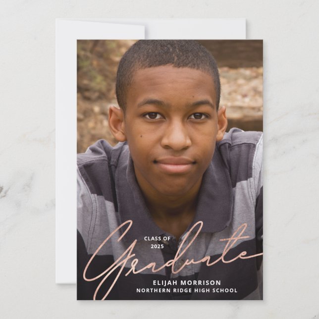 Rose Gold Script Overlay Photo Graduation Party Invitation (Front)