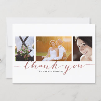Rose Gold Script Photo Collage Wedding Thank You Card