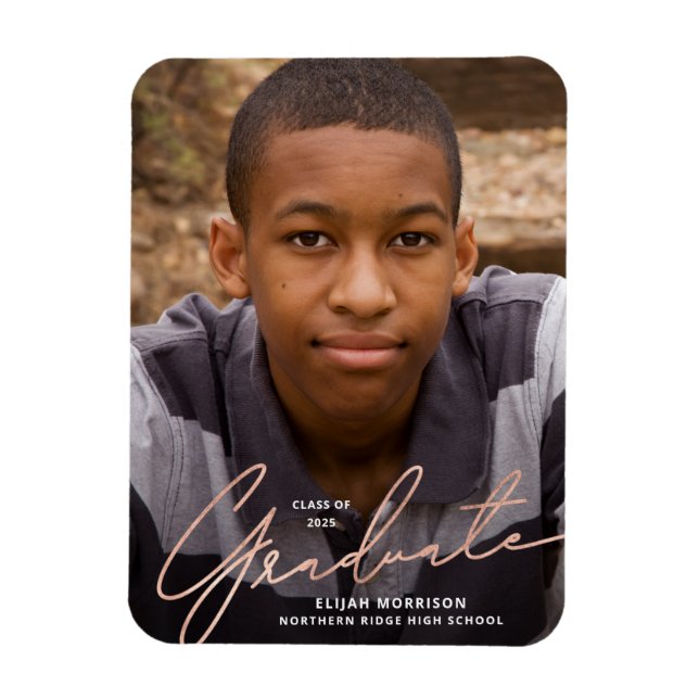 Rose Gold Script Photo Graduation Announcement Magnet (Vertical)