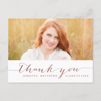 Rose Gold Script Photo Graduation Thank You Postcard
