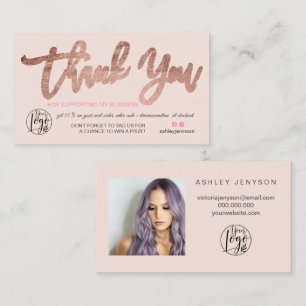 Rose gold script photo logo pink order thank you business card