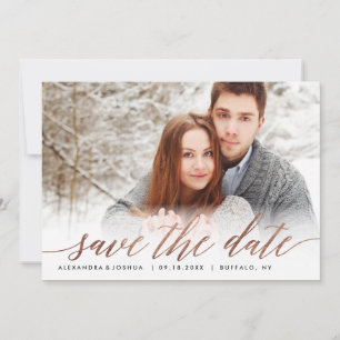 Rose Gold Script Photo Save the Date in Faux Foil