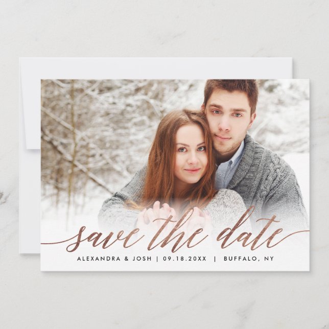 Rose Gold Script Photo Save the Date in Faux Foil (Front)