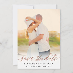Rose Gold Script Photo Save the Date in Faux Foil
