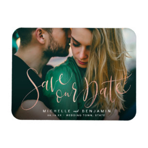 Rose gold script photo wedding save the date magnet