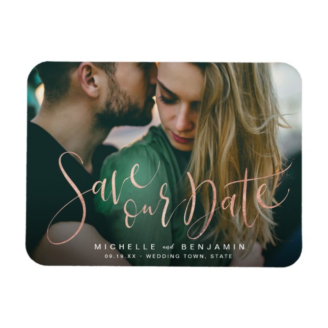 Rose gold script photo wedding save the date  magnet (Horizontal)