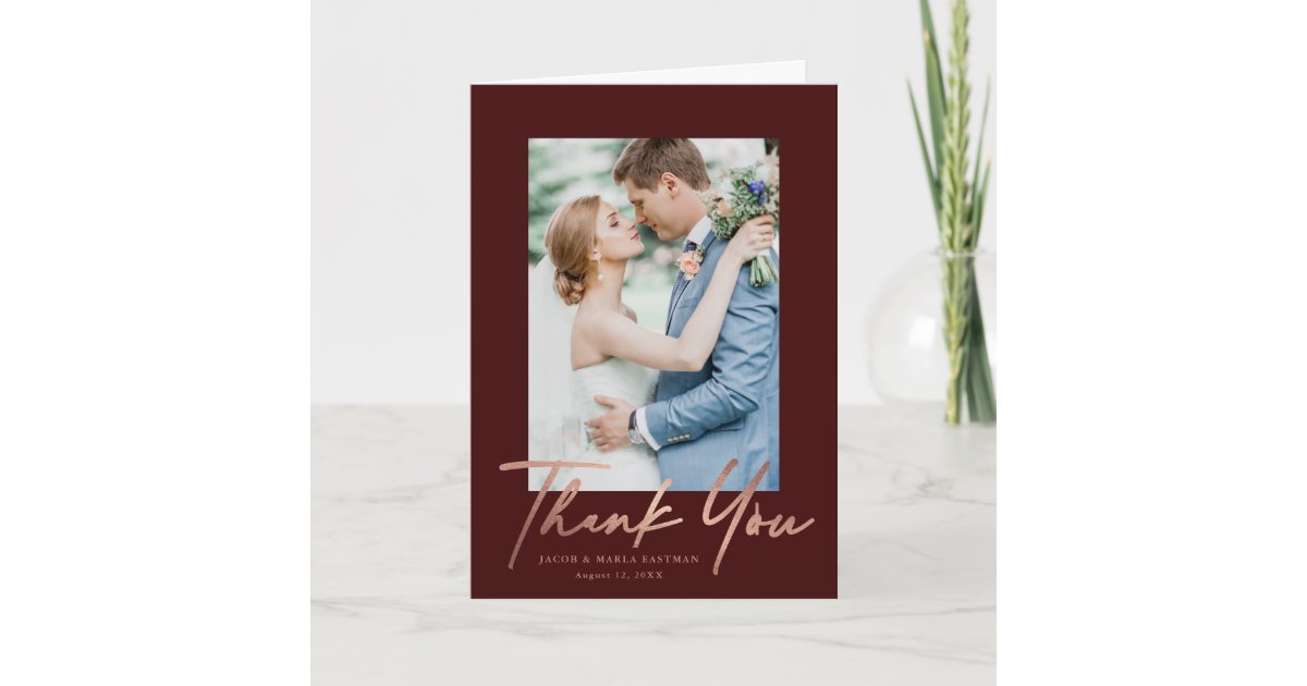 Rose Gold Script Photo Wedding Thank You Card | Zazzle