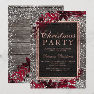 Rose gold script red leaf snow wood Christmas Invitation