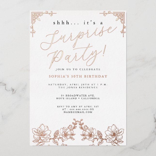 Rose Gold Script Rose Surprise Party Foil (Front)