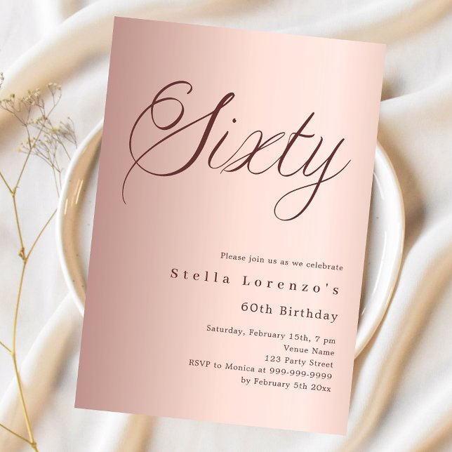 Rose gold script simple 60th birthday invitation (Creator Uploaded)