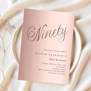 Rose gold script simple 90th birthday invitation