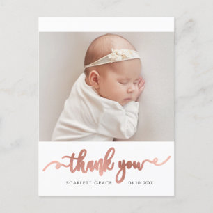 Rose Gold Script Simple Baby Photo Thank You Postcard