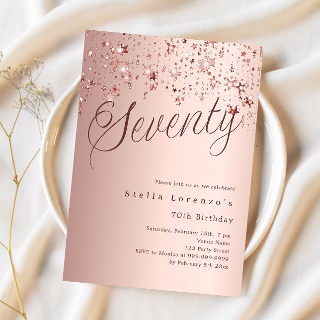 Rose gold script stars 70th birthday invitation (Creator Uploaded)